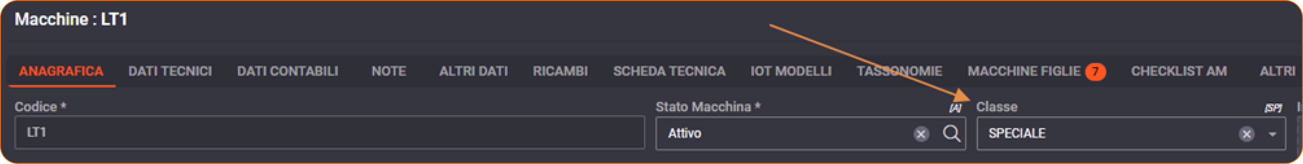 Classe macchina nella anagrafica della macchina/risorsa